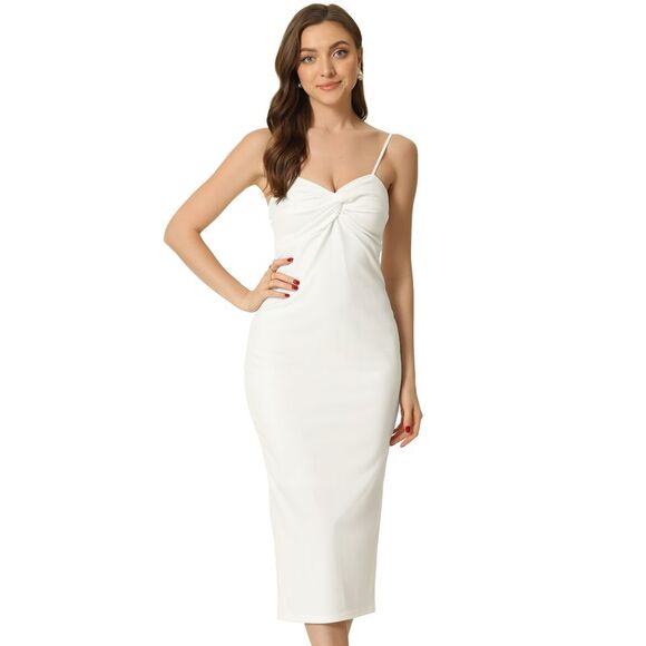 Cocktail Bodycon Dress Twist Front Spaghetti Straps Midi Dresses White - Picture 1 of 6